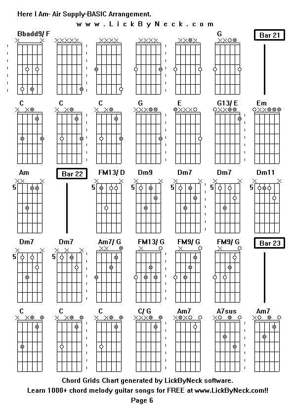 Chord Grids Chart of chord melody fingerstyle guitar song-Here I Am- Air Supply-BASIC Arrangement,generated by LickByNeck software.